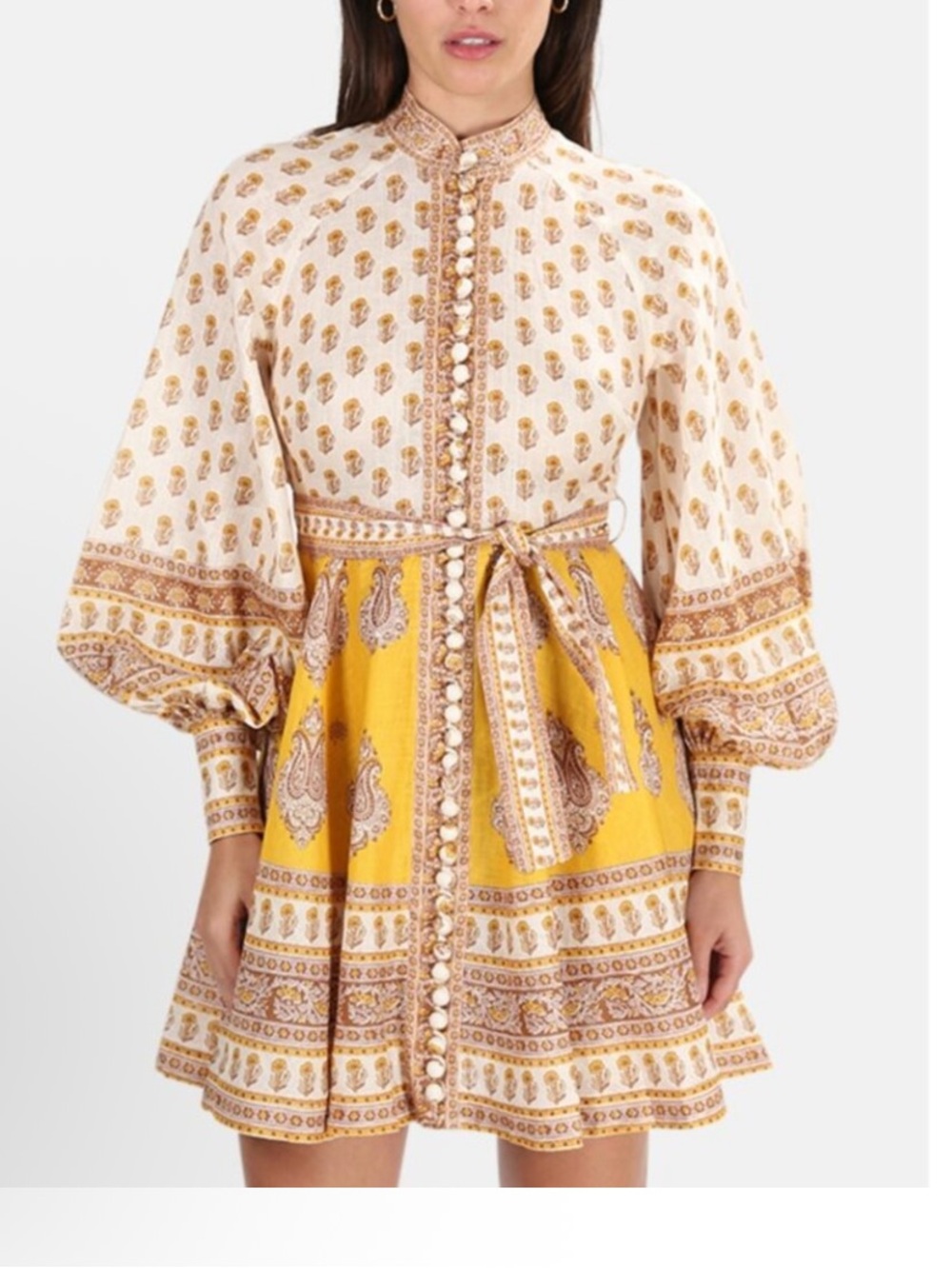 Zimmermann Bonita Buttoned Linen Mini Dress Mustard Paisley XS